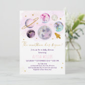 ピンクの金ゴールド宇宙カウントダウンが赤ちゃんシャワーを開始 招待状 (スタンド正面)