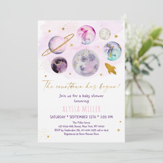 ピンクの金ゴールド宇宙カウントダウンが赤ちゃんシャワーを開始 招待状 (スタンド正面)