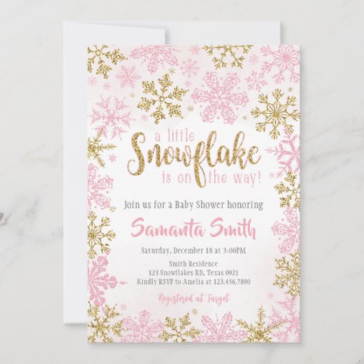 ピンクの金ゴールド小さな雪の結晶が進行中 招待状 (正面)