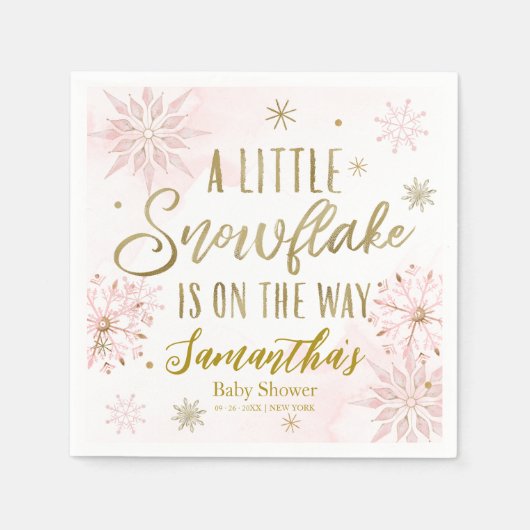 ピンクの金ゴールド少しスノーフレーク冬の赤ちゃんシャワー スタンダードカクテルナプキン (正面)