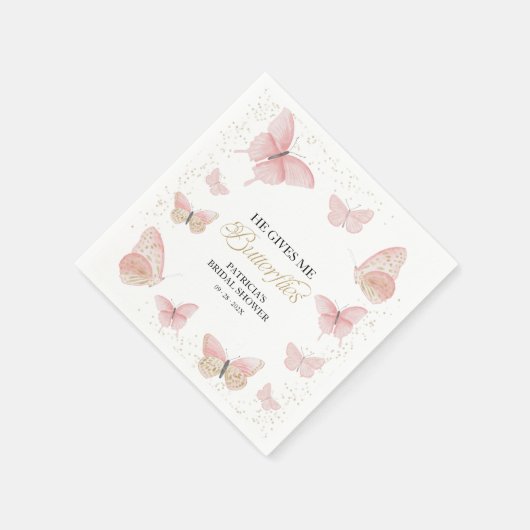 ピンクの金ゴールド彼与えは私蝶ブライダルシャワー スタンダードカクテルナプキン (角)