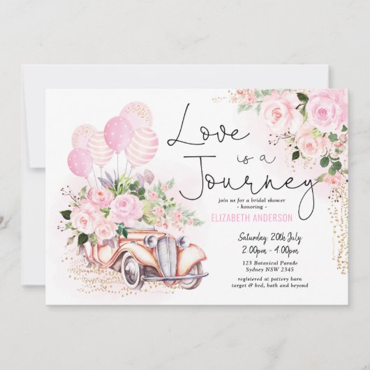ピンクの金ゴールド愛は旅の旅行ブライダルシャワー 招待状 (正面)