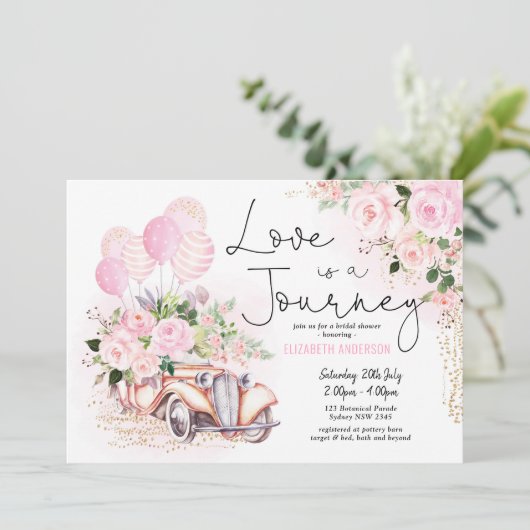 ピンクの金ゴールド愛は旅の旅行ブライダルシャワー 招待状 (スタンド正面)