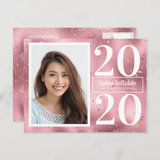 ピンクの金ゴールド星写真卒業発表 インビテーションポストカード (正面/裏面)