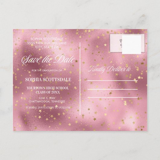 ピンクの金ゴールド星写真卒業発表 インビテーションポストカード (裏面)