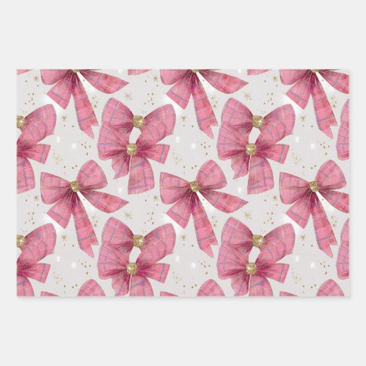 ピンクの金ゴールド格子弓クリスマス ラッピングペーパーシート (正面)