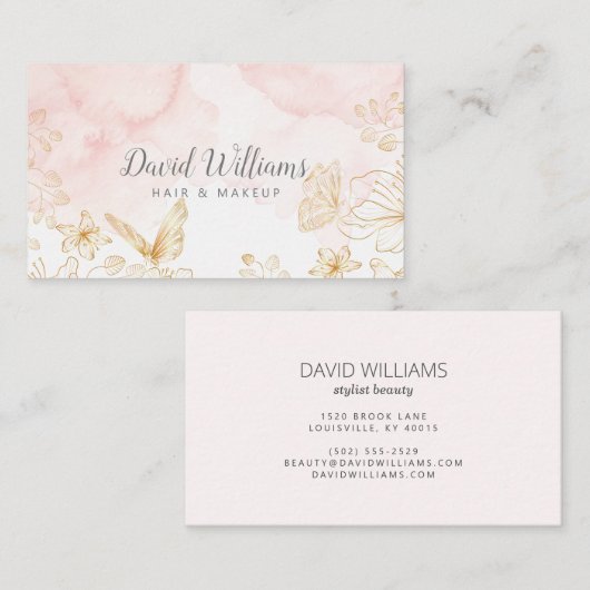 ピンクの金ゴールド植物美術用液体水彩 名刺 (正面/裏面)