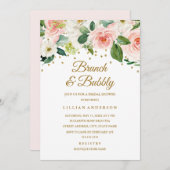 ピンクの金ゴールド水カラーフローラブランチと泡立ち 招待状 (正面/裏面)