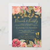 ピンクの金ゴールド水色のバラネイビーブランチと泡立ち 招待状 (正面)