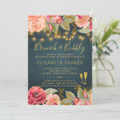 ピンクの金ゴールド水色のバラネイビーブランチと泡立ち 招待状 (スタンド正面)
