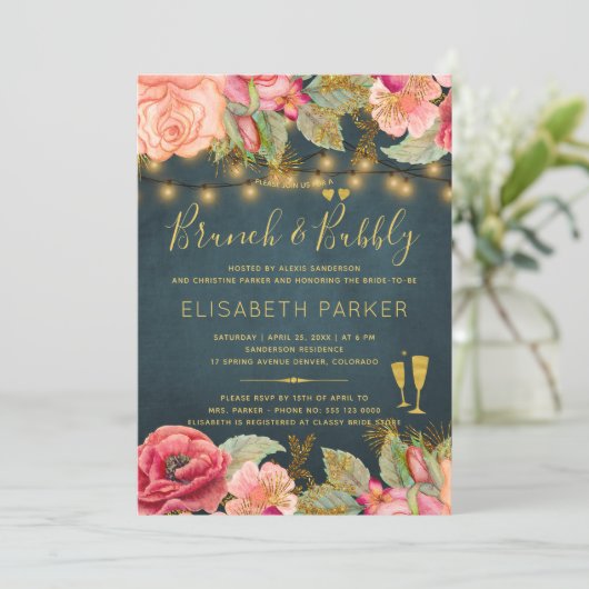 ピンクの金ゴールド水色のバラネイビーブランチと泡立ち 招待状 (スタンド正面)