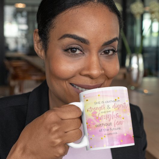 ピンクの金ゴールド水色の箴言31:25聖書の詩 コーヒーマグカップ