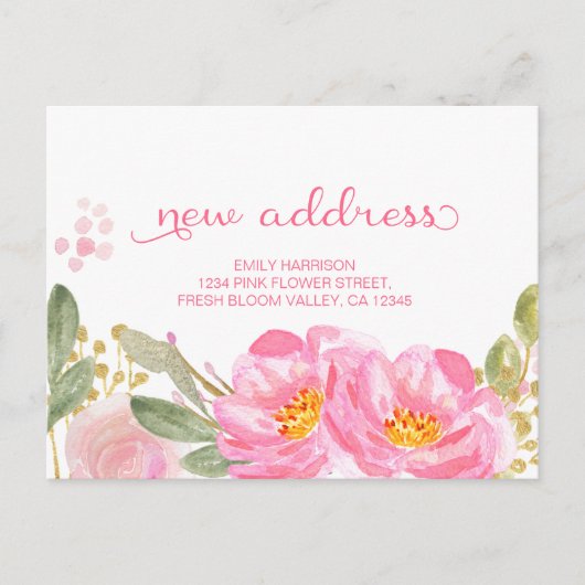 ピンクの金ゴールド水色フローラの新しいアドレスを移動 案内ポストカード (正面)