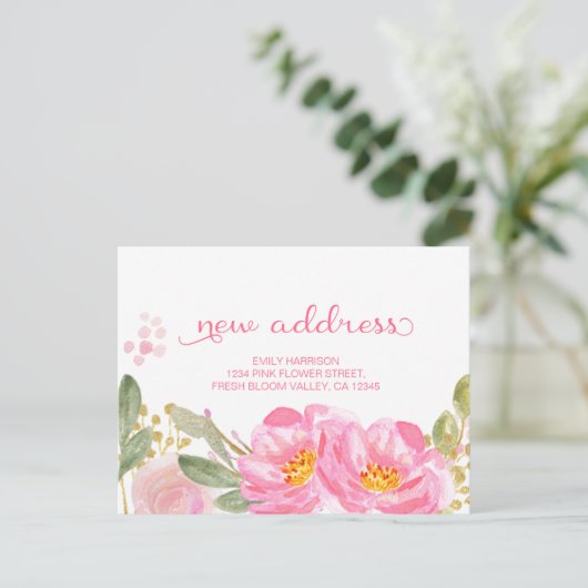 ピンクの金ゴールド水色フローラの新しいアドレスを移動 案内ポストカード (スタンド正面)