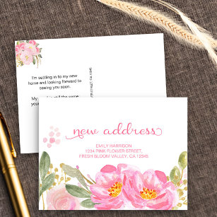 ピンクの金ゴールド水色フローラの新しいアドレスを移動 案内ポストカード