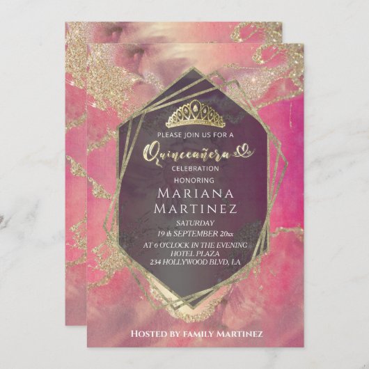 ピンクの金ゴールド水色幾何学的なキンセアニラ 招待状 (正面/裏面)