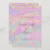 ピンクの金ゴールド液体スワールレインボーマーブル 招待状 (正面/裏面)