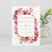 ピンクの金ゴールド牡丹の結婚式の日付カードを保存 招待状 (スタンド正面)