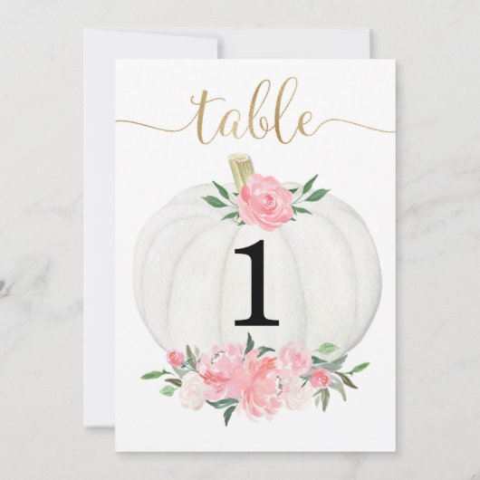 ピンクの金ゴールド白いフローラカボチャ5"x7"のテーブル番号 招待状 (裏面)