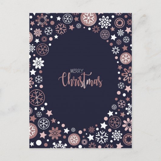 ピンクの金ゴールド白い雪の結晶のクリスマス休暇 シーズンポストカード (正面)