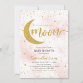 ピンクの金ゴールド私たちは月の赤ちゃんシャワーの上にいる 招待状 (正面)