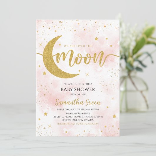 ピンクの金ゴールド私たちは月の赤ちゃんシャワーの上にいる 招待状 (スタンド正面)