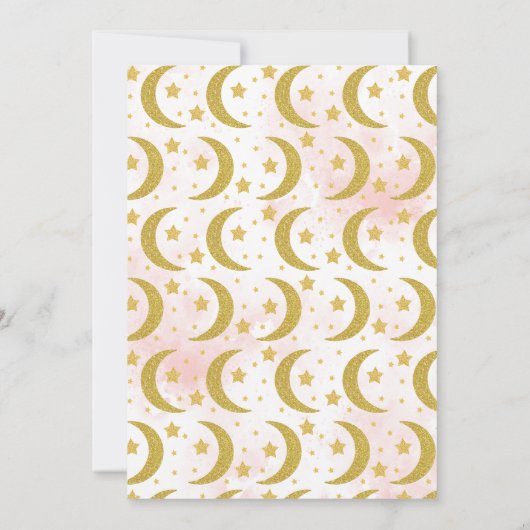 ピンクの金ゴールド私たちは月の赤ちゃんシャワーの上にいる 招待状 (裏面)