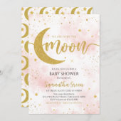 ピンクの金ゴールド私たちは月の赤ちゃんシャワーの上にいる 招待状 (正面/裏面)