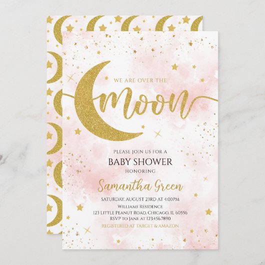 ピンクの金ゴールド私たちは月の赤ちゃんシャワーの上にいる 招待状 (正面/裏面)