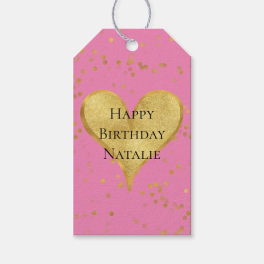 ピンクの金ゴールド紙吹雪ハート ギフトタグ (正面)