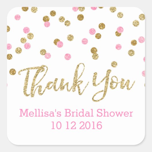 ピンクの金ゴールド紙吹雪ブライダルシャワーメッセージカード スクエアシール (正面)