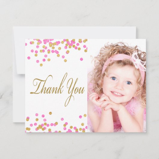 ピンクの金ゴールド紙吹雪写真サンキューカード サンキューカード (正面)