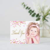 ピンクの金ゴールド紙吹雪写真サンキューカード サンキューカード (スタンド正面)