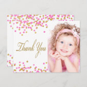 ピンクの金ゴールド紙吹雪写真サンキューカード サンキューカード (正面/裏面)