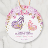 ピンクの金ゴールド紫のフローラ蝶の赤ちゃんシャワー フェイバータグ (正面)