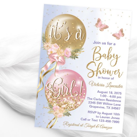 ピンクの金ゴールド紫色のバルーン蝶の赤ちゃんシャワー 招待状