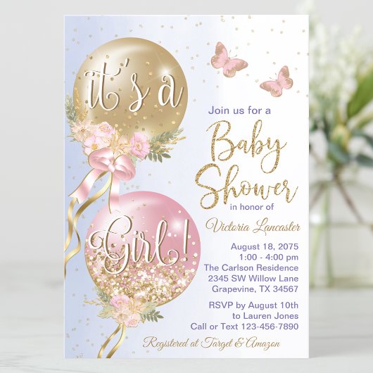 ピンクの金ゴールド紫色のバルーン蝶の赤ちゃんシャワー 招待状