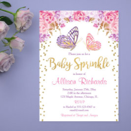ピンクの金ゴールド紫色の蝶の女の子のベビー散水 招待状
