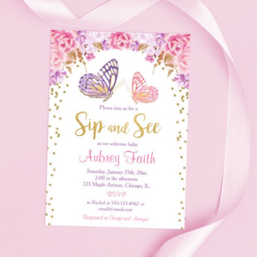 ピンクの金ゴールド紫色の蝶のsipと参照ベビーガール 招待状