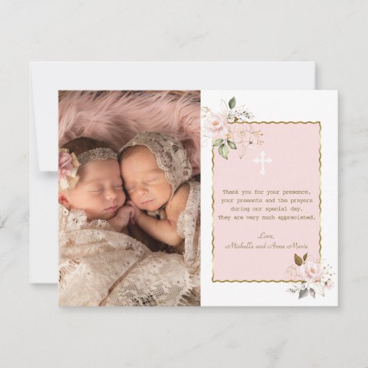 ピンクの金ゴールド花写真ガールズツインズバプテスマ サンキューカード (正面)