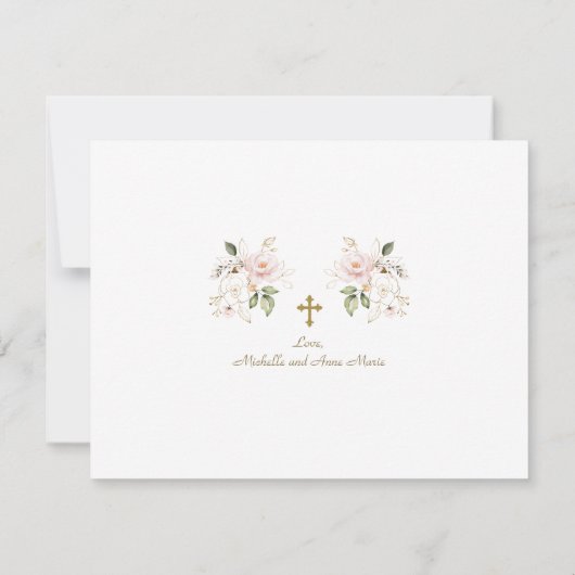 ピンクの金ゴールド花写真ガールズツインズバプテスマ サンキューカード (裏面)