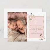 ピンクの金ゴールド花写真ガールズツインズバプテスマ サンキューカード (正面/裏面)