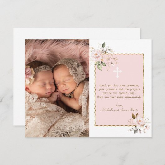 ピンクの金ゴールド花写真ガールズツインズバプテスマ サンキューカード (正面/裏面)
