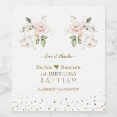 ピンクの金ゴールド花女児ツインズ1歳の誕生日バプテスマ ワインラベル (シングルラベル)