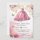 ピンクの金ゴールド花嫁のボールガウン豪華なドレスフローラ 招待状 (正面)