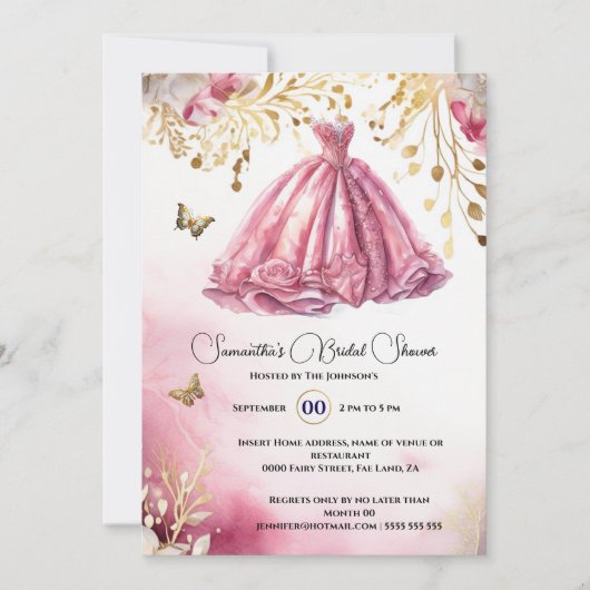 ピンクの金ゴールド花嫁のボールガウン豪華なドレスフローラ 招待状 (正面)
