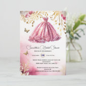 ピンクの金ゴールド花嫁のボールガウン豪華なドレスフローラ 招待状 (スタンド正面)