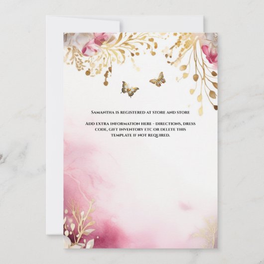 ピンクの金ゴールド花嫁のボールガウン豪華なドレスフローラ 招待状 (裏面)