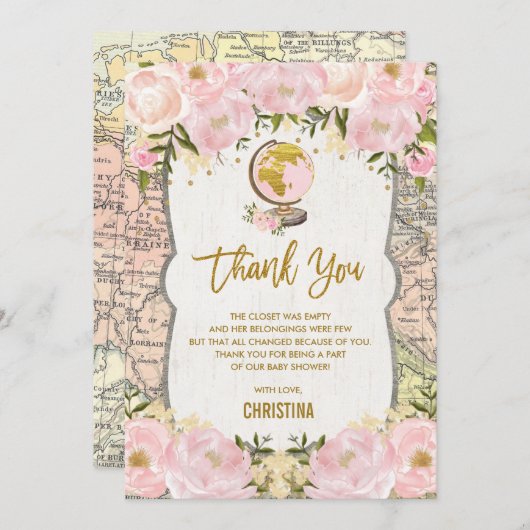 ピンクの金ゴールド花旅行地図のベビーシャワー サンキューカード (正面/裏面)