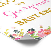 ピンクの金ゴールド蝶の水の色の花へようこそ ポスター (角)